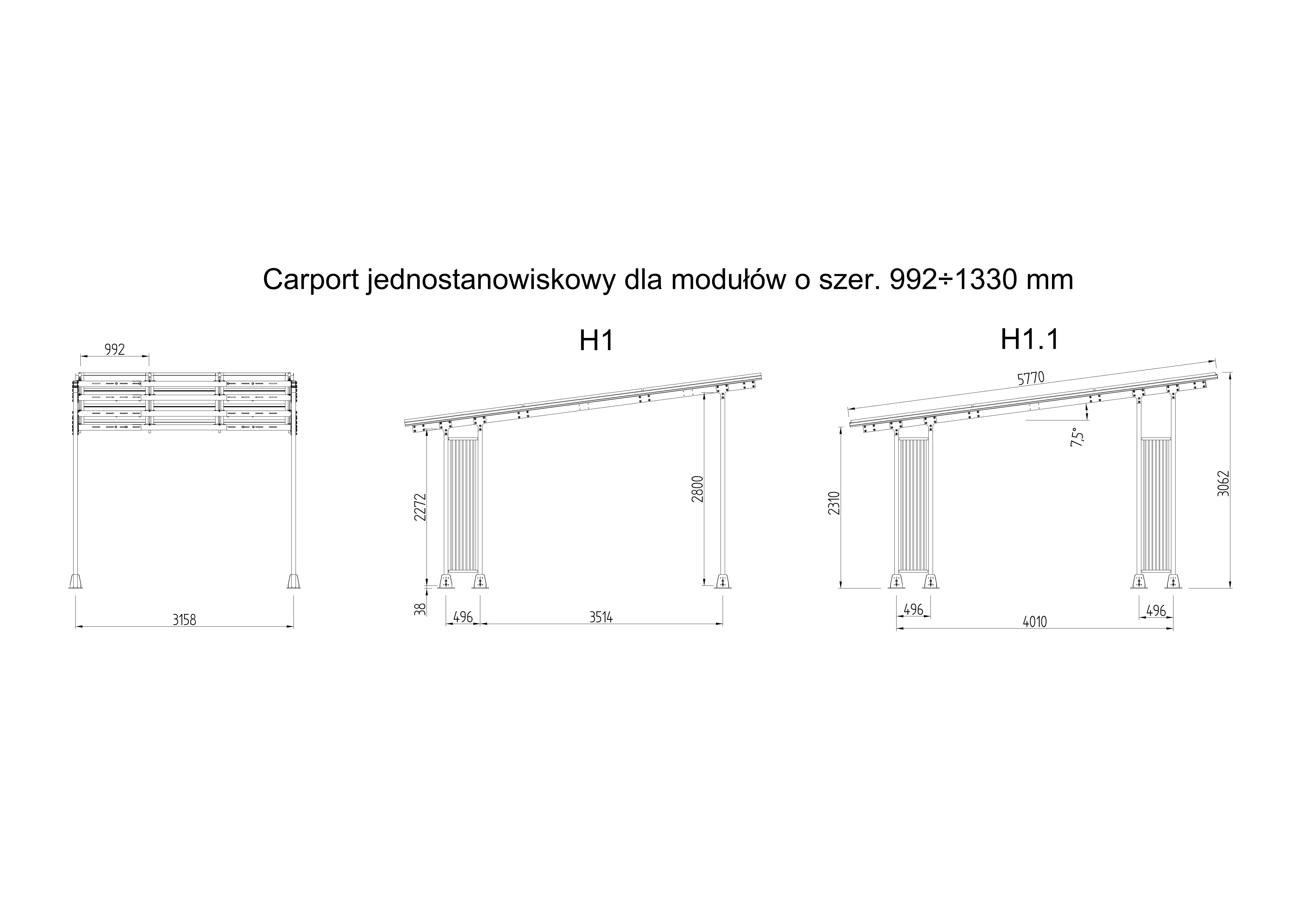 Carport H1, 1 stanowisko, 3x3 PV (max.2320x1200)