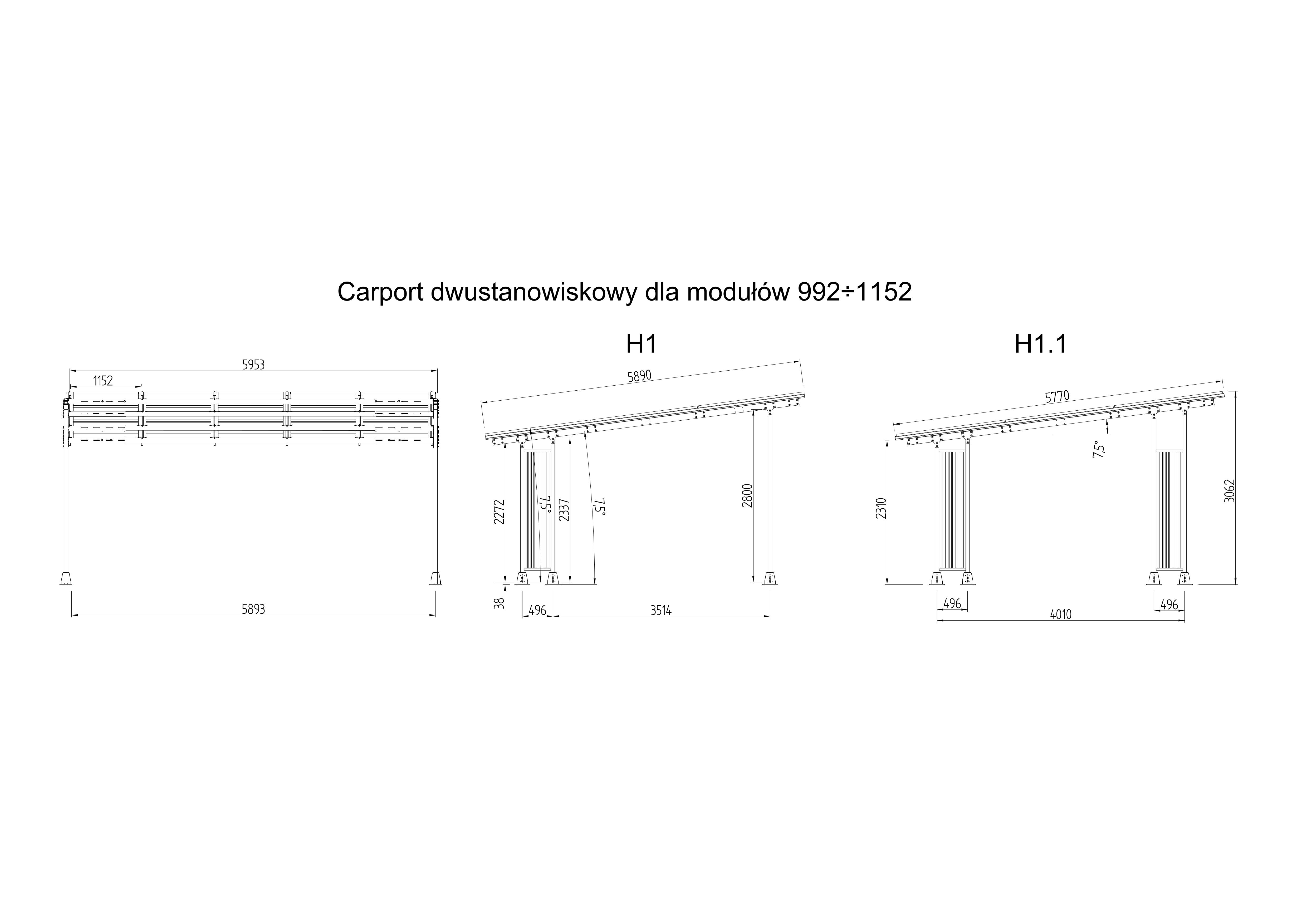 Carport H1, 2 stanowiska, 3x5 PV (max.2320x1152)