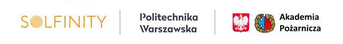 Logotypy konsorcjum: Solfinity, Politechnika Warszawska, Akademia Pożarnicza