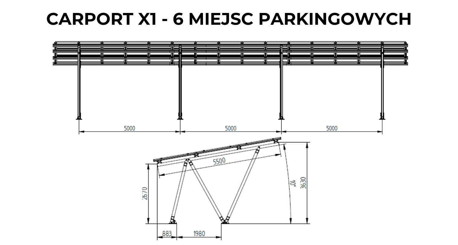 Carport X1, 6 stanowisk, 3x15 PV (max.2320x1156)