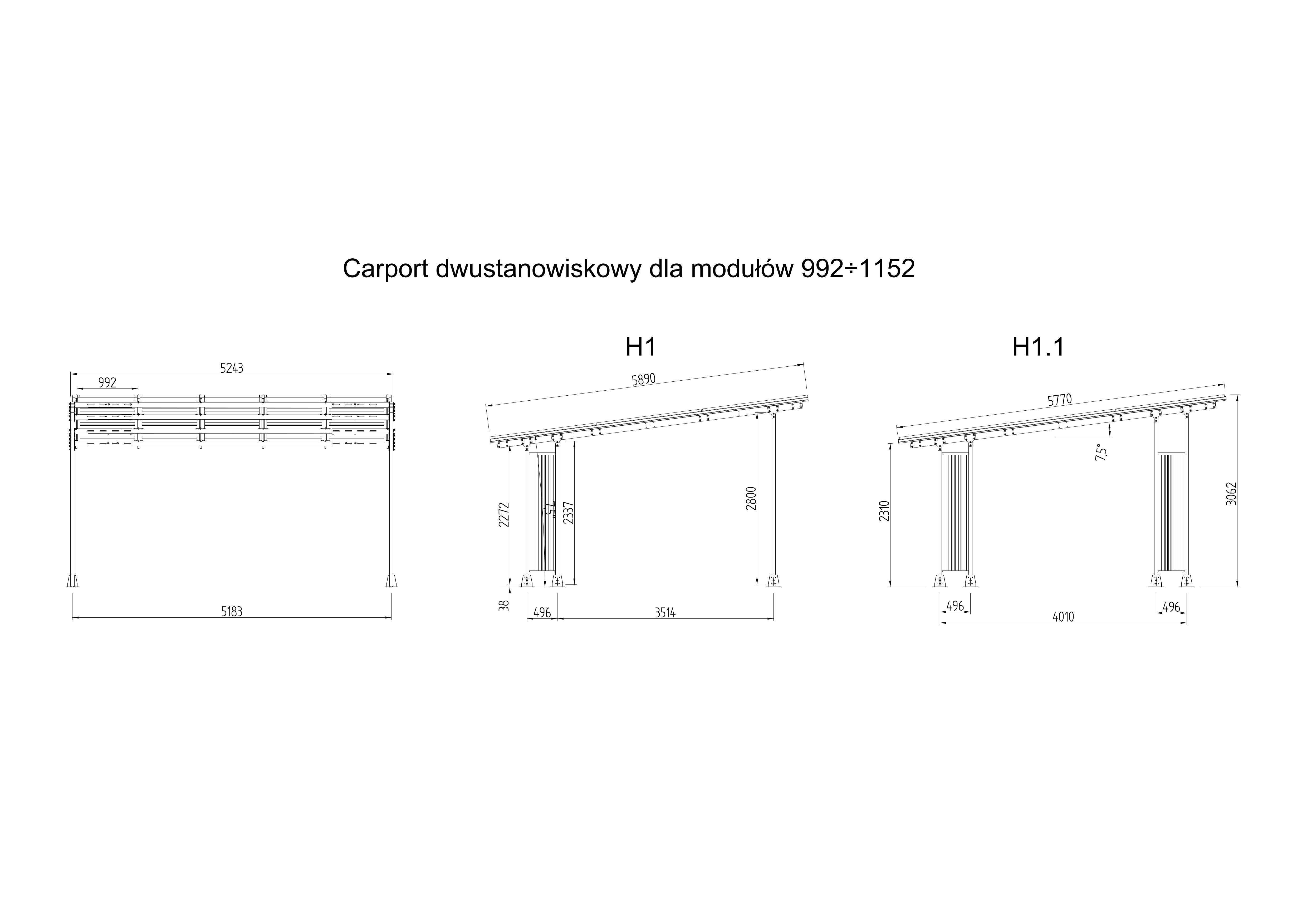 Carport H1, 2 stanowiska, 3x5 PV (max.2320x1152)